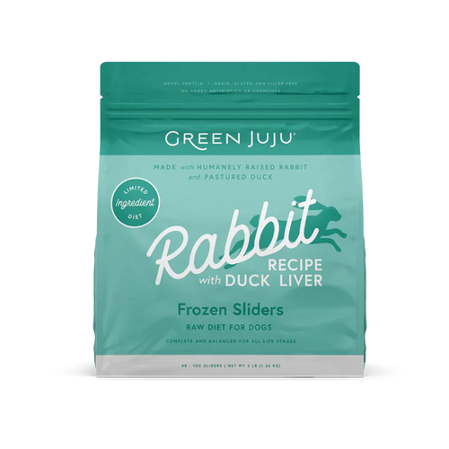 Green Juju Rabbit Recipe with Duck Liver Frozen Patties & Sliders Raw Diet for Dogs (6 LB)