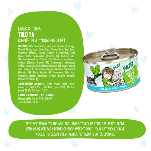 Weruva B.F.F. PLAY PATÉ! Told Ya' Lamb & Tuna Dinner in a Hydrating Purée Cat Food