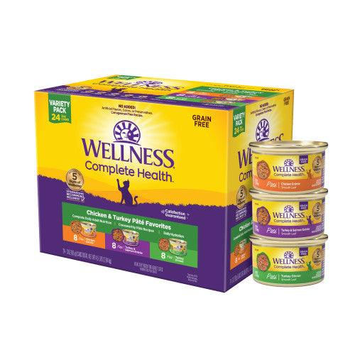 Wellness Complete Health Natural Grain Free Wet Cat Food Variety Pate Recipes Chicken & Turkey Pate Favorites