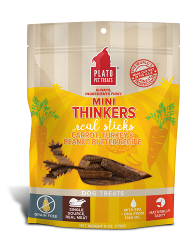 Plato Mini Thinkers Grain Free Carrot, Turkey & Peanut Butter Meat Stick Dog Treats